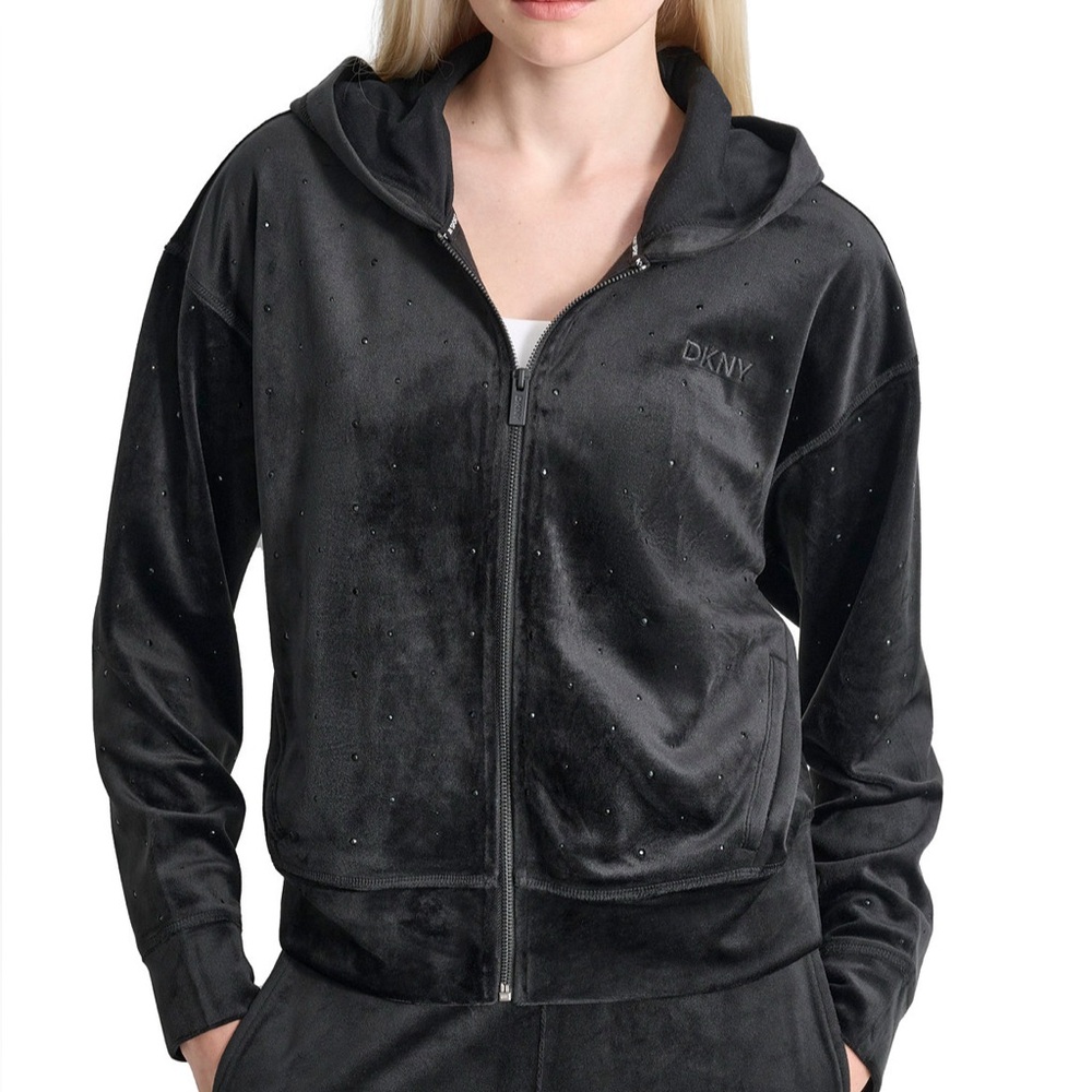 DKNY sport women’s Black velour Rhinestone full zip up Hoodie Jacket size medium